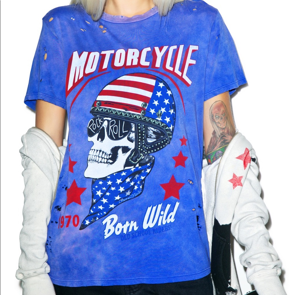 Lauren Moshi Capri Born Wild Acid Wash Motorcycle Tee